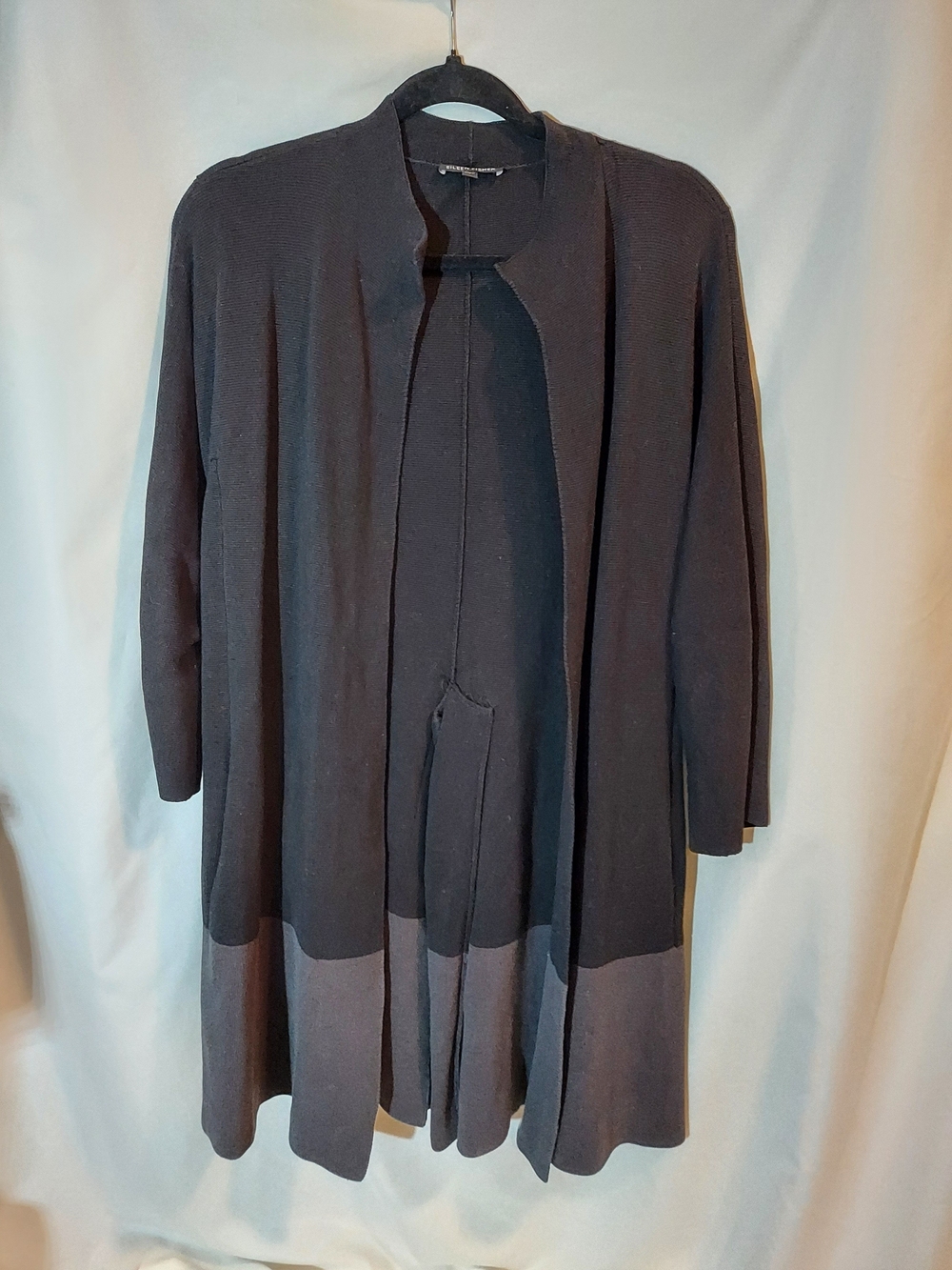 Eileen Fisher Colorblock Long Kimono Cardigan Silk Blend Gray Black